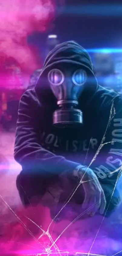 Hooded figure with gas mask, vivid neon colors and cityscape.