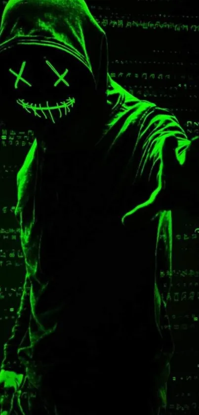 Mysterious neon green masked figure on a dark background for mobile wallpaper.