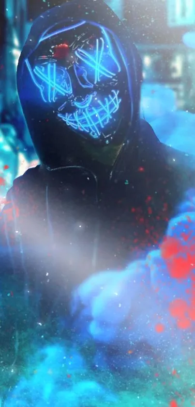 Mysterious neon masked figure with blue and red hues in a dark urban setting.