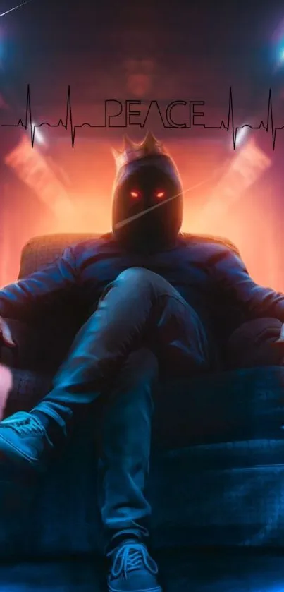 Mysterious hooded figure with neon lights and peace symbol.