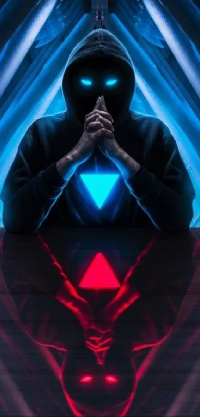 Hooded figure with neon blue and pink reflections in digital art style.