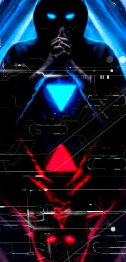 Abstract hooded figure with neon blue and red reflections on a dark background.