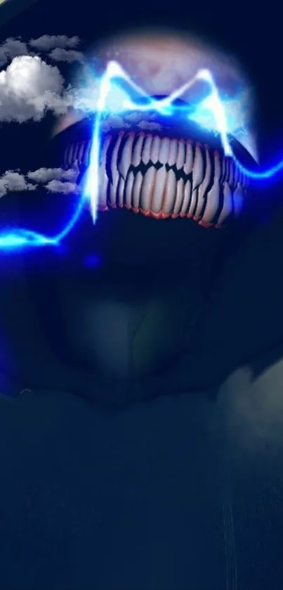 Neon skull in hood with electric blue light and cloud background.