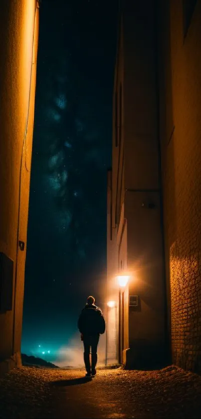 Mystical alley at night with a lone silhouette under a starry sky.