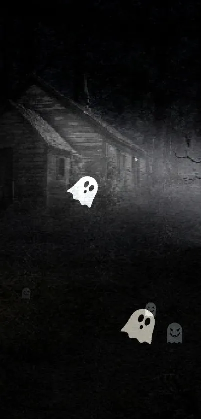 Dark scene with woman holding a lantern near an old cabin in the woods at night.