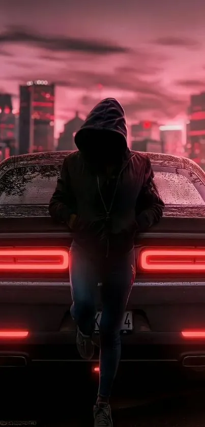 A hooded figure leans on a car with city lights glowing in the background at night.