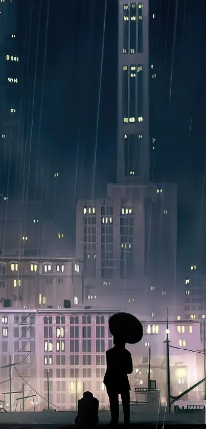 Silhouette in a rainy cityscape with towering skyscrapers at night.