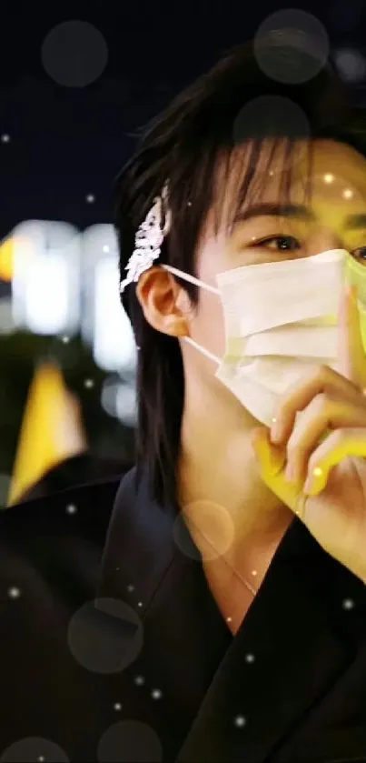 Portrait of a masked person at night with city lights in the background.