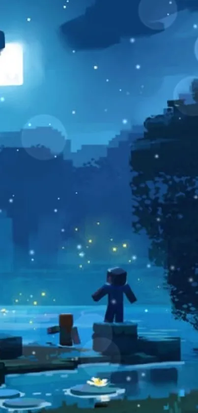 Pixel art of a night forest with fireflies and moonlit sky.