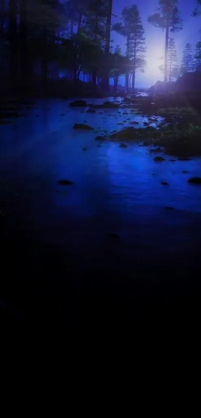 Mysterious night forest scene with a glowing river.