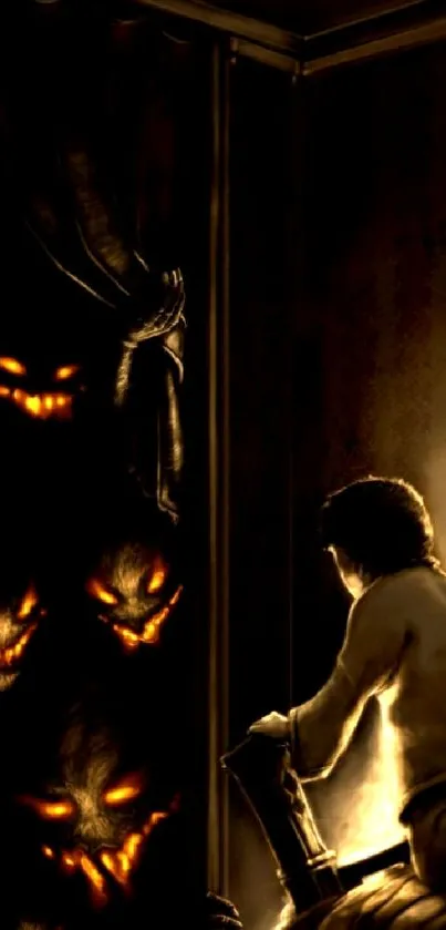 Dark room with glowing eyes and mysterious shadows in a chilling scene.