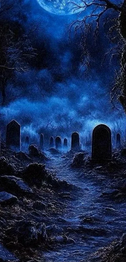 Mysterious moonlit graveyard scene with dark blue tones.