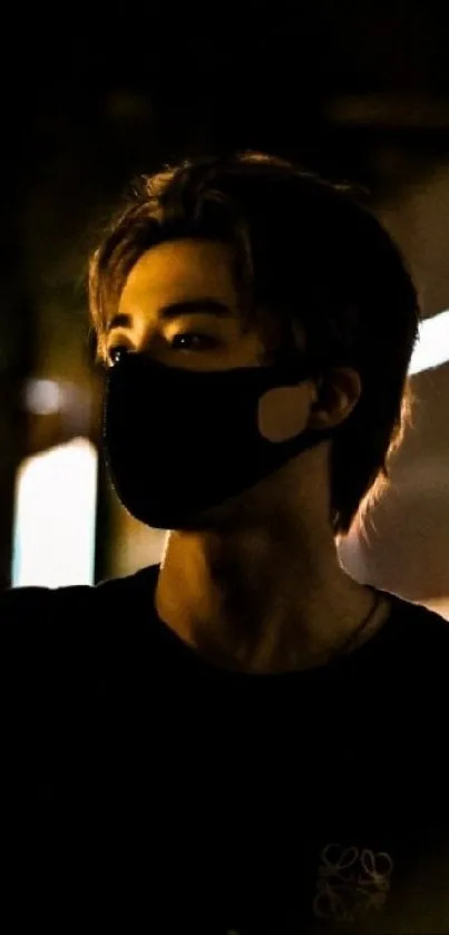 Silhouetted person with mask, night scene backdrop.