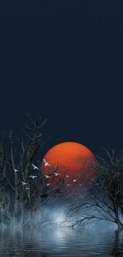 Serene night wallpaper with red moon and dark silhouetted trees.