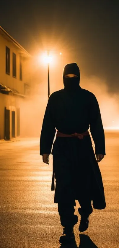 A masked ninja in black robes walks down a foggy, dimly-lit street at night.