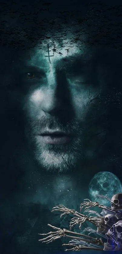 Mysterious face with moon in dark night wallpaper.