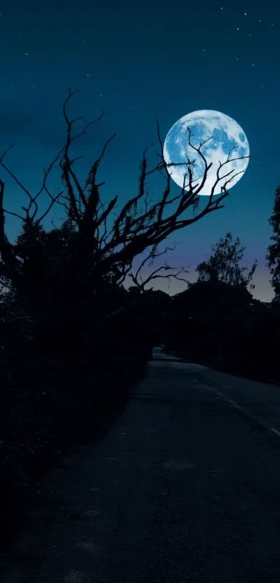 A moonlit road at night with a silhouetted tree and a luminous full moon.