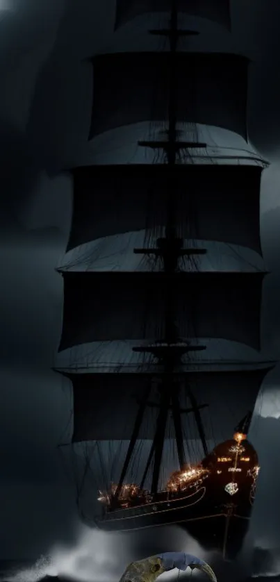 Dark ship sails through a stormy night with glowing lights on the sea.