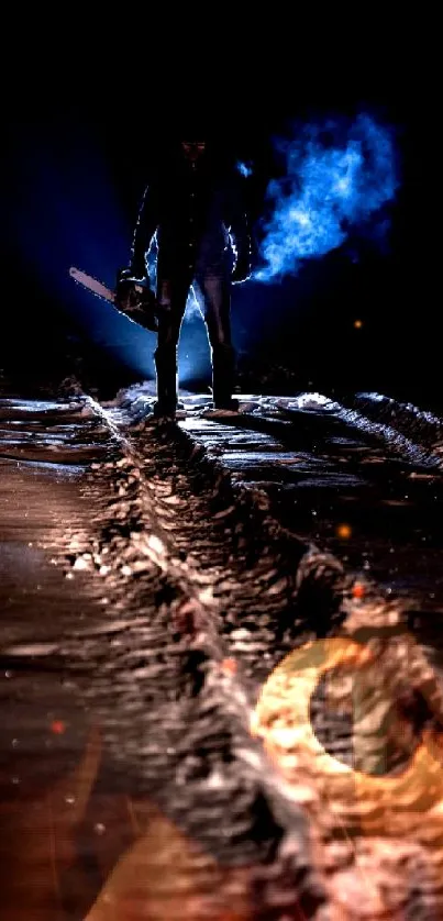 Silhouette of a figure in the night with blue light in dramatic scenery.