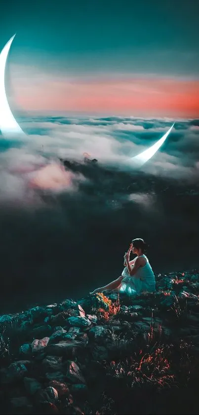 A serene scene with crescent moon and person overlooking clouds in teal night sky.