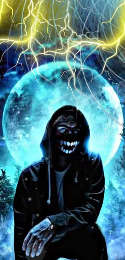 Dark scene with hooded figure under a bright moon.