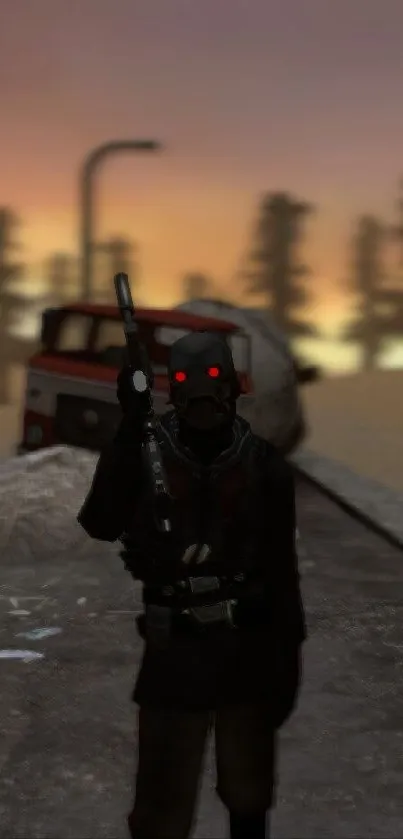 Mysterious soldier with red eyes on a desolate street at dusk.