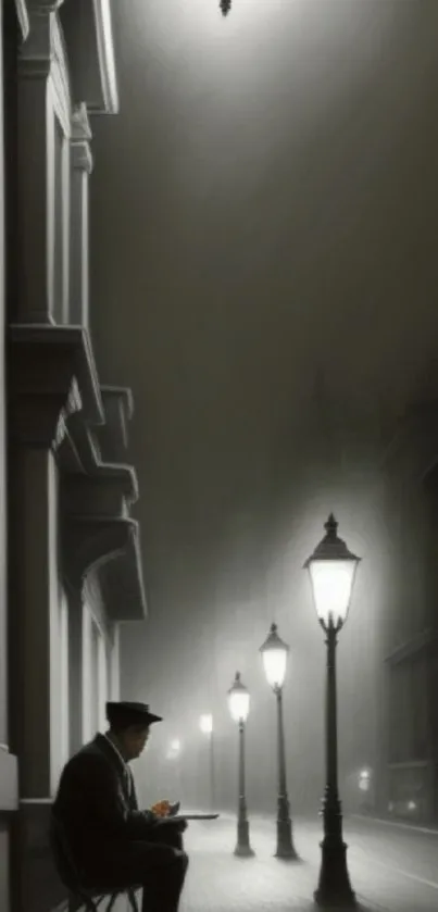 Mysterious street at night with vintage lampposts.