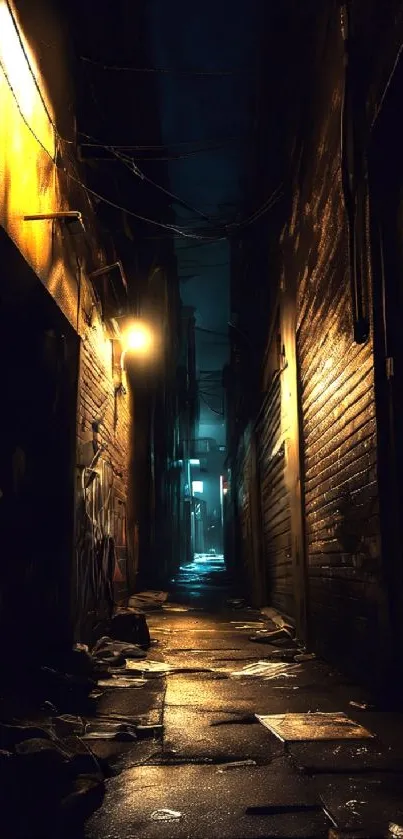 Mysterious dark alley illuminated by streetlights at night.