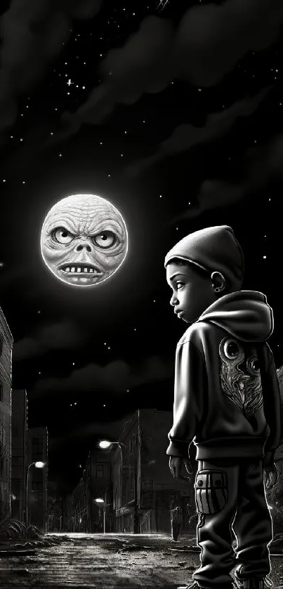A young boy under a bizarre moon in a dark city street, creating a surreal scene.