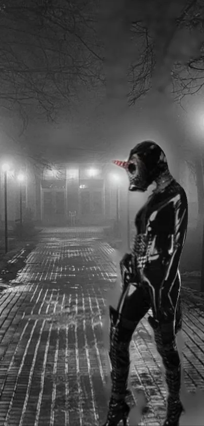 Gray-toned wallpaper with masked figure on a foggy night street.