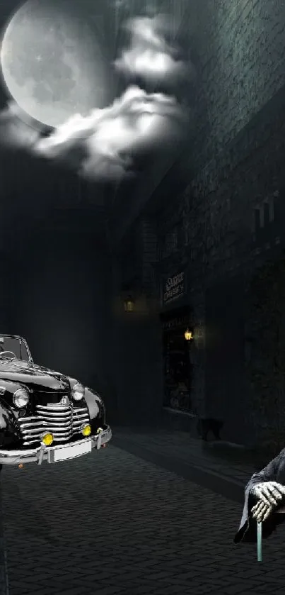 Mysterious night street wallpaper with a hooded figure and vintage car.