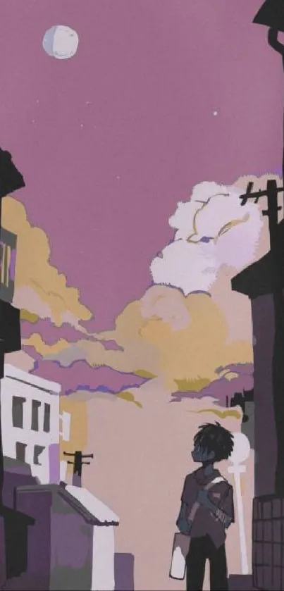 Illustration of a lone figure in a night street scene under a lavender sky.