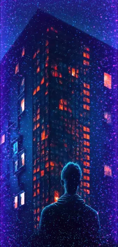 Silhouette of a person facing a tall, illuminated building under a starry night sky.