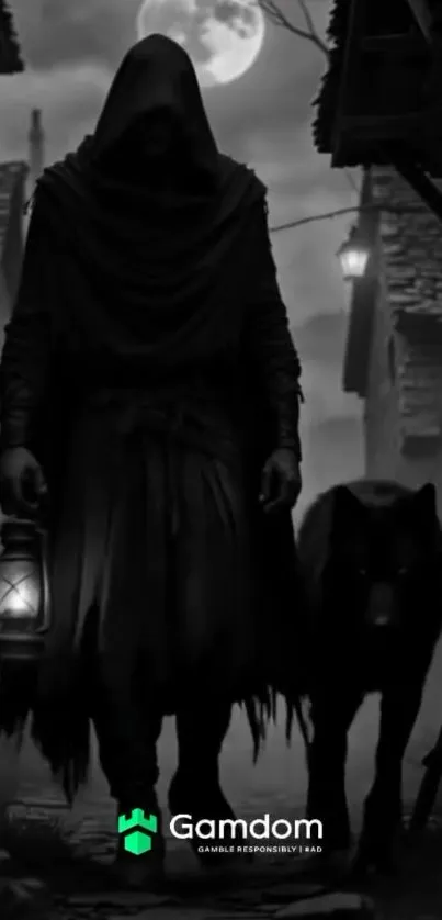 Hooded figure with a wolf under moonlight