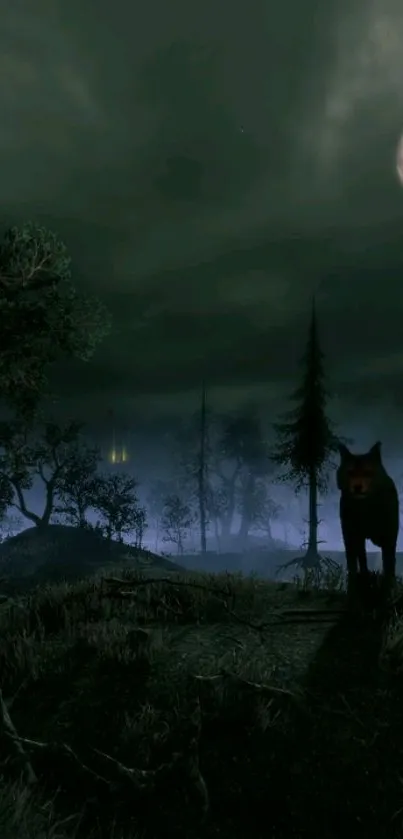 Lone wolf standing under full moon in a dark, misty forest night scene.