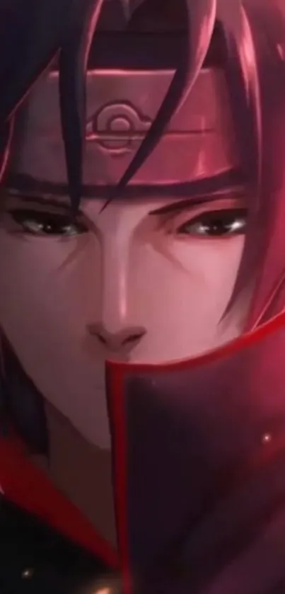 Mysterious ninja anime character with intense red and dark shades.