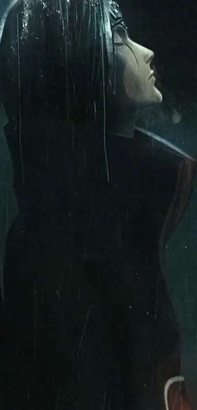 A lone ninja stands in the rain, shrouded in a dark cloak, looking upwards.