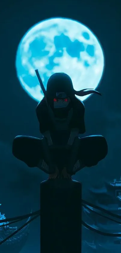 Silhouetted ninja crouching with a full moon background.