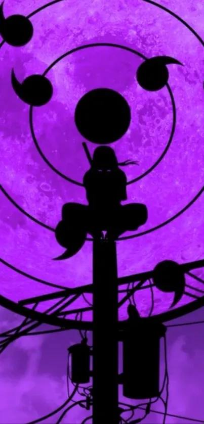 Silhouette of a ninja against a bright purple moon on a mobile wallpaper.