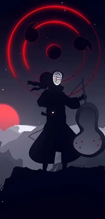 Silhouette of a ninja with a red moon and dark sky background.