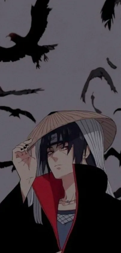 Anime ninja surrounded by flying crows in a dark theme wallpaper.