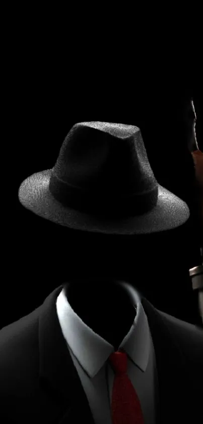 A faceless man in a suit and hat on a dark background, creating a mysterious noir vibe.