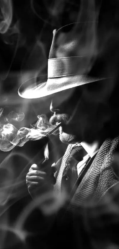 A mysterious noir-themed wallpaper of a smoking man in a hat.