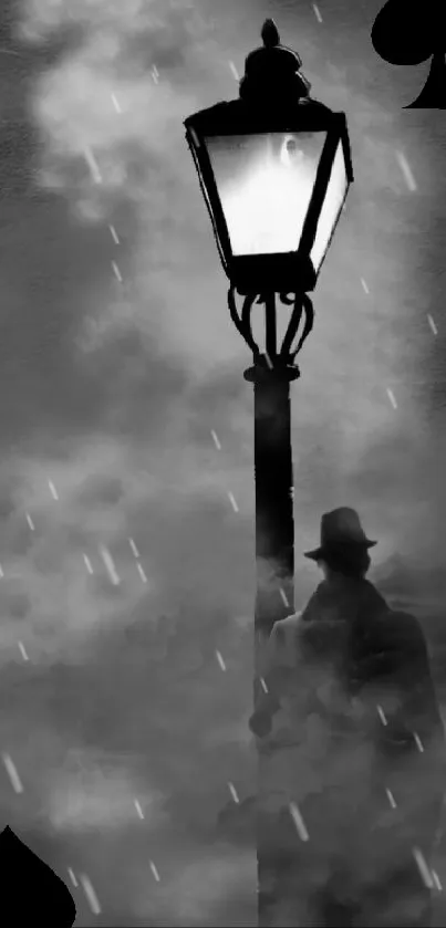 Noir streetlight with spades in foggy night scene.