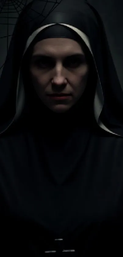 Mysterious dark nun wallpaper in gloomy lighting.