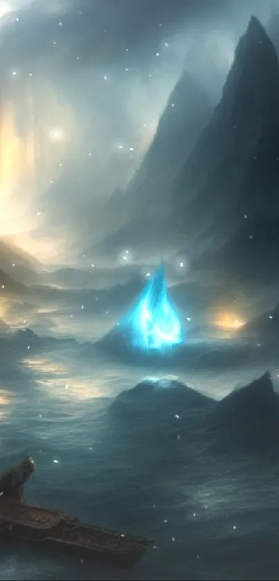 Mystical fantasy ocean scene with glowing crystals and mountains.