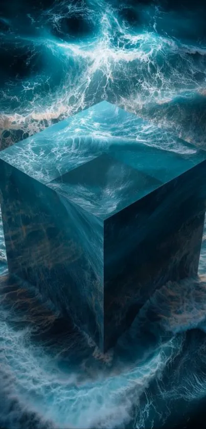 Mysterious cube emerging from ocean waves.