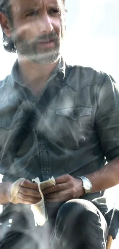 Contemplative man seated outdoors in a rugged, hazy environment.