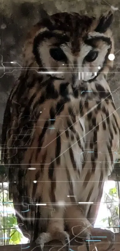 Mysterious owl digital wallpaper with tech overlay.