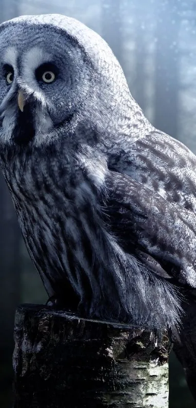 Mysterious owl perched on a tree stump in a misty forest scene.